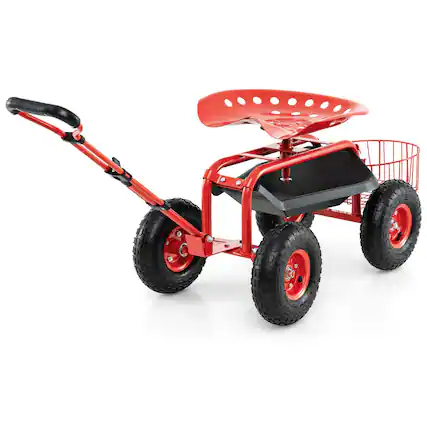 Front. Costway - Costway Garden Cart Patio Wagon Roll Work Seat with Tray Basket Extendable Handle - Red.