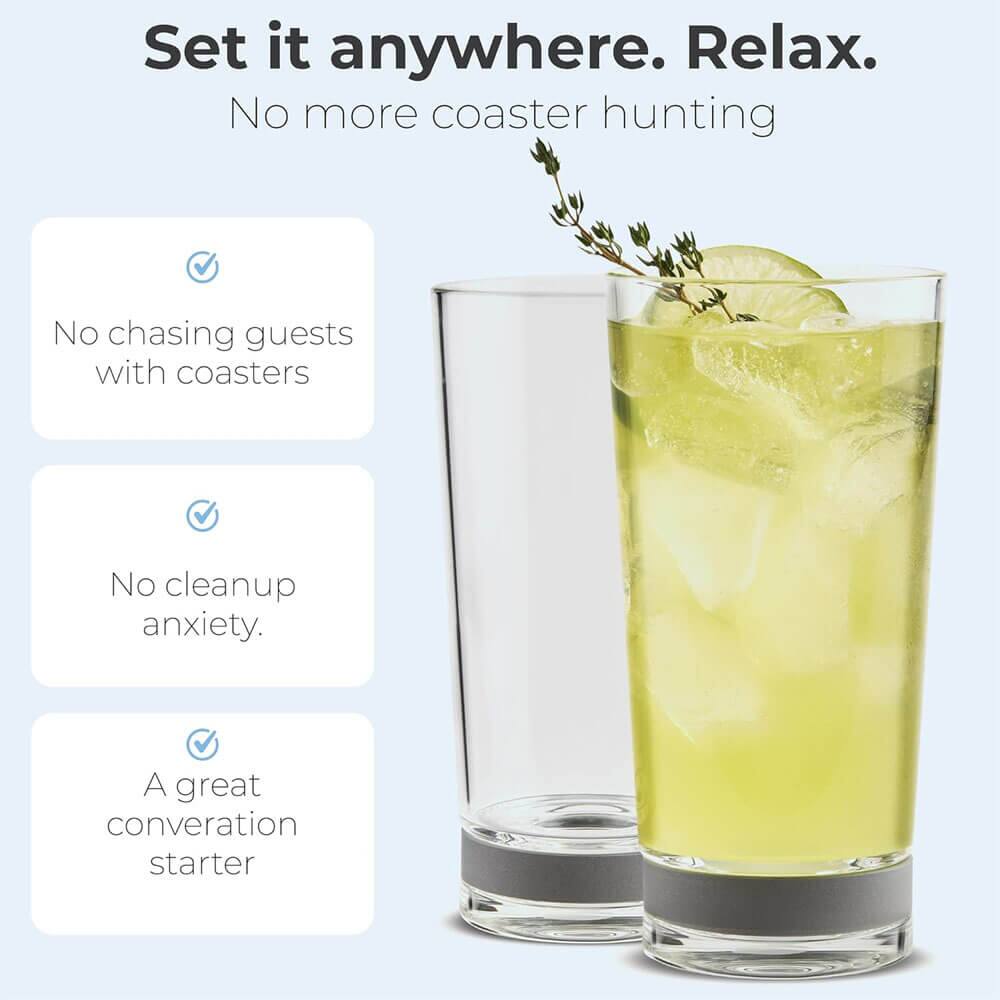 Set it anywhere. Relax.  
No more coaster hunting.  
No chasing guests with coasters.  
No cleanup anxiety.  
A great conversation starter.