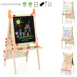 Costway - 4-in-1 Wooden Kids Art Easel with Paper Roll, Storage Tray & Marble Run Accessories - Natural
