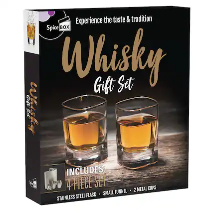 Experience the taste and tradition with the Spice BOX Whisky Gift Set. This gift set includes a 4 piece set with 2 metal cups, a small funnel, and a stainless steel flask.