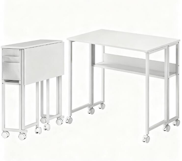 Angle. TinyHomie - Folding Computer Desk with Storage Bag Shelf and Wheels for Small Spaces Home Office - White.