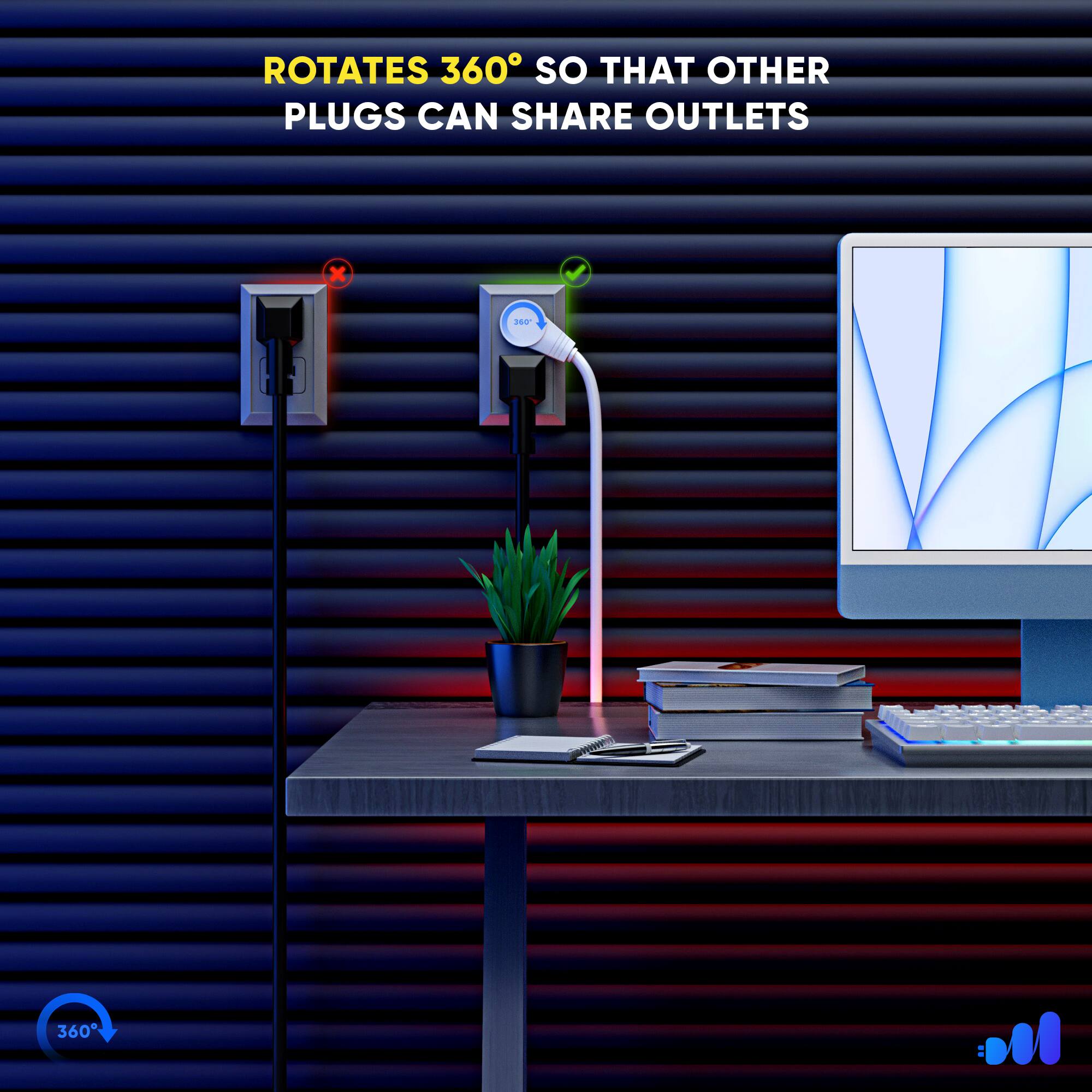 ROTATES 360° SO THAT OTHER PLUGS CAN SHARE OUTLETS 360°