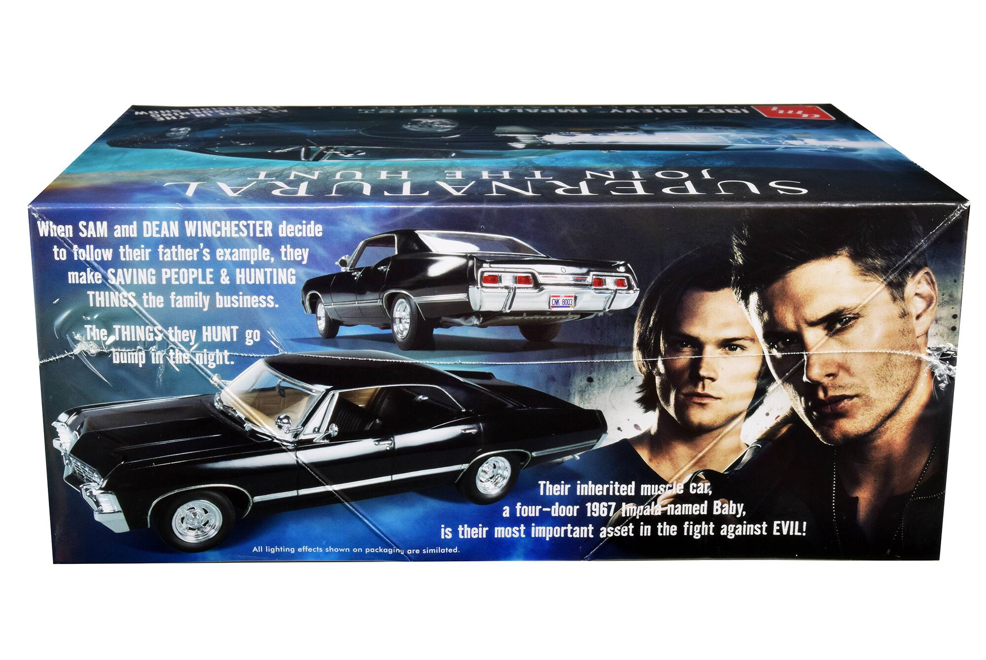 When SAM and DEAN WINCHESTER decide to follow their father's example, they make SAVING PEOPLE & HUNTING THINGS the family business. The THINGS they HUNT go bump in the night.

Their inherited muscle car, a four-door 1967 Impala named Baby, is their most important asset in the fight against EVIL!

All lighting effects shown on packaging are simulated.