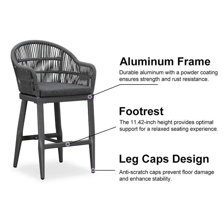 Aluminum Frame  
Durable aluminum with a powder coating ensures strength and rust resistance.

Footrest  
The 11.42-inch height provides optimal support for a relaxed seating experience.

Leg Caps Design  
Anti-scratch caps prevent floor damage and enhance stability.