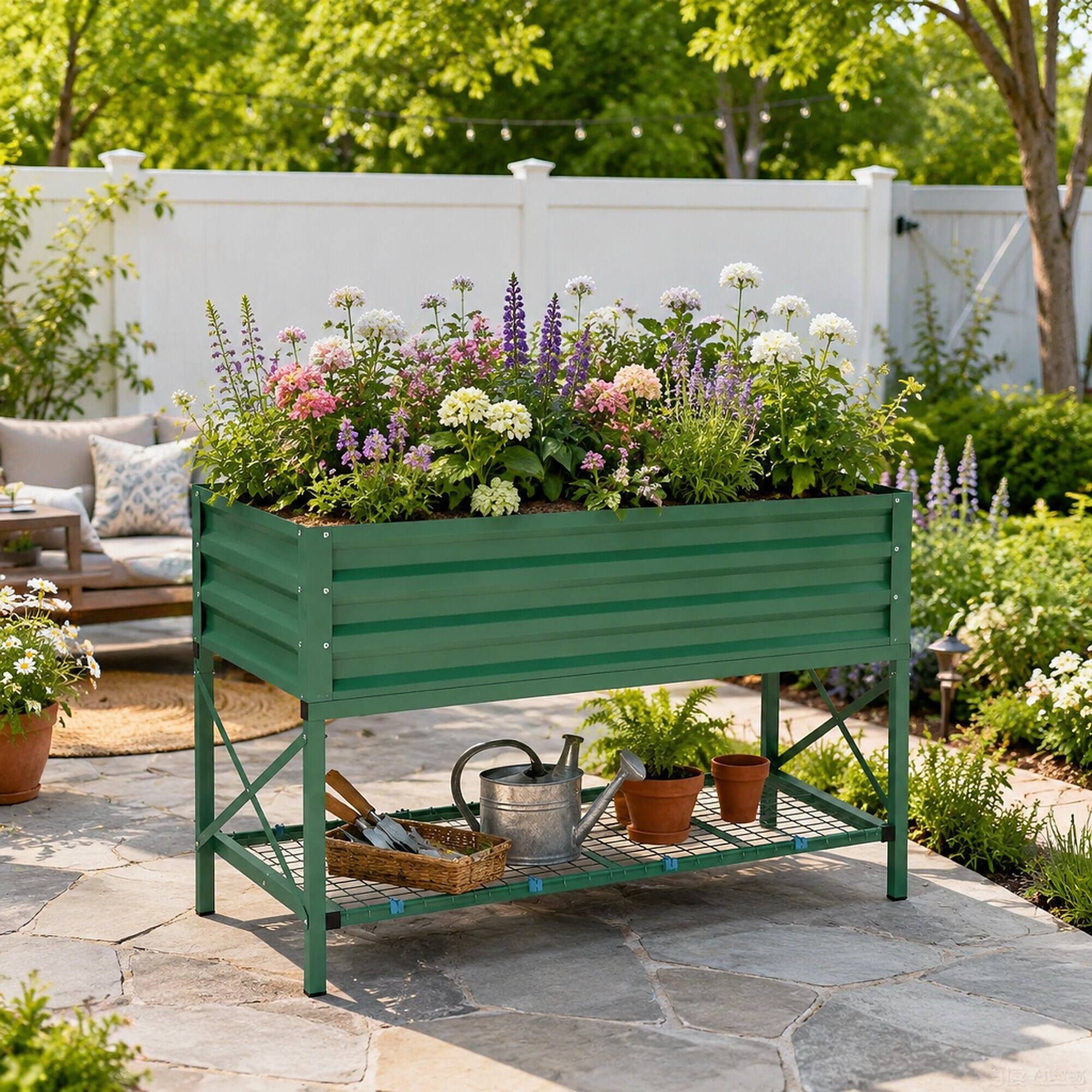 Back. RYHNUYNE - Galvanized Steel Raised Garden Bed with Legs, Storage Shelf and Liner, 41.75"L x 21.25"W x 30"H, Green - Green.