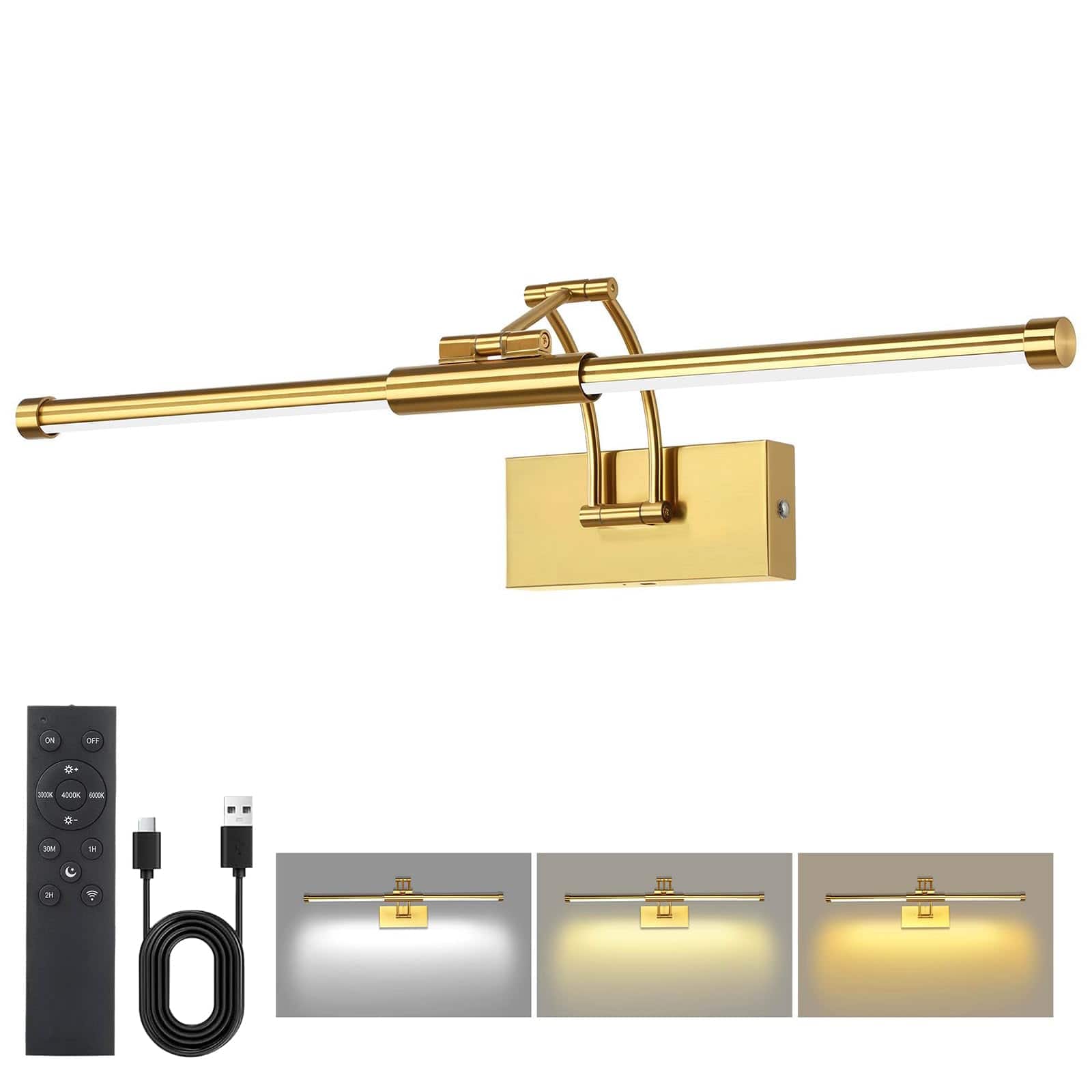 TECH SAFARI - Picture Lights For Wall Operated Wireless With Remote Rechargeable Light k k k Dimmable Art Lighting Painti - Gold 24 inch