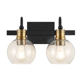 Jonathan Y - Marais 14.5" 2-Light Iron/Glass Rustic Vintage LED Vanity Light - Black/Brass Gold
