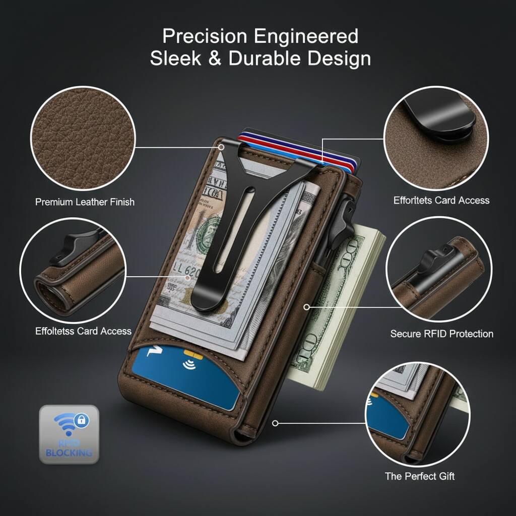 Precision Engineered Sleek & Durable Design  
Premium Leather Finish  
Effortless Card Access  
Secure RFID Protection  
The Perfect Gift