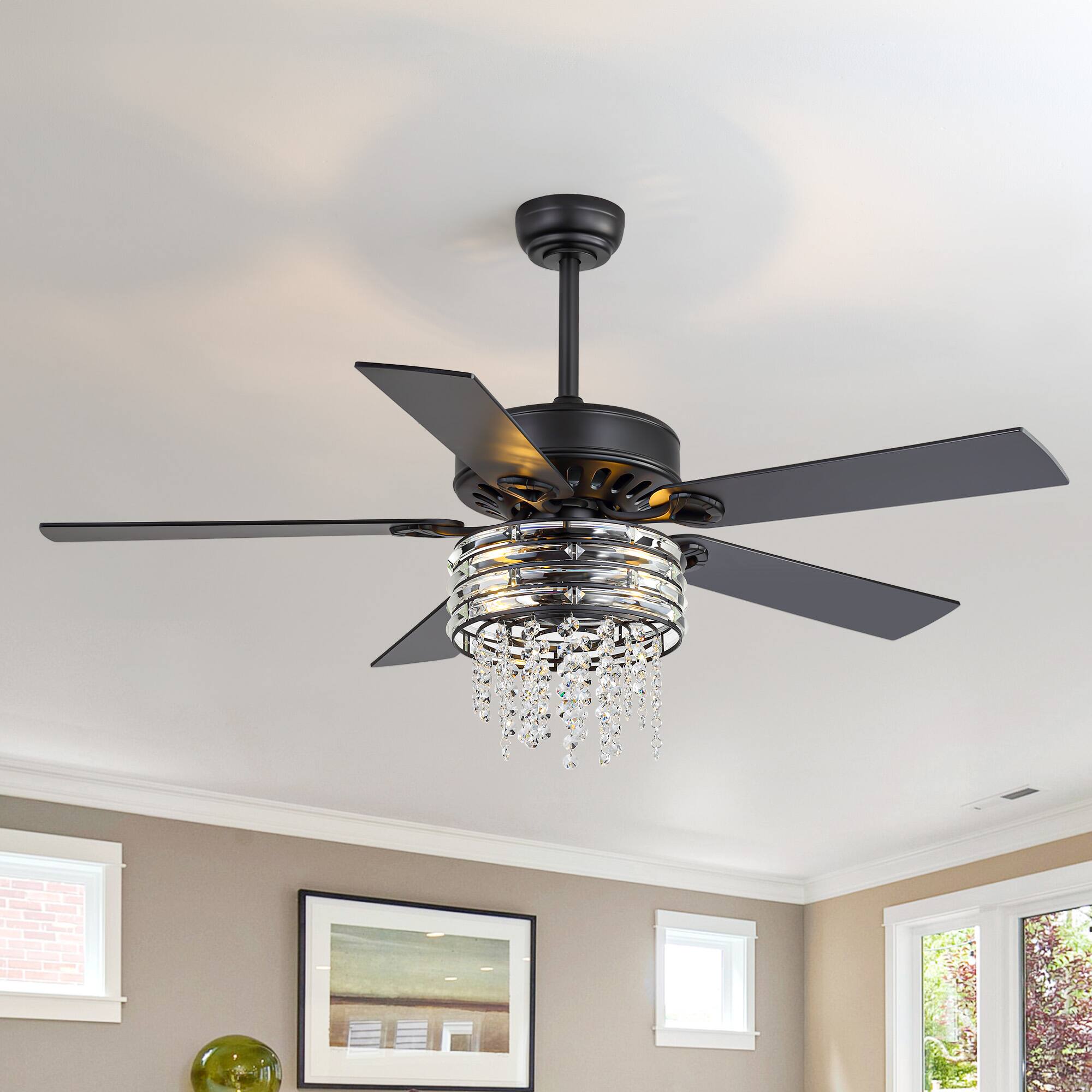 Alt View 7. Breezary - 52-Inch Ceiling Fan with Light, 5 Reversible Plywood Blades, Crystal Cage Fixture, DC Motor, Remote, 2 Downrods - Grey.