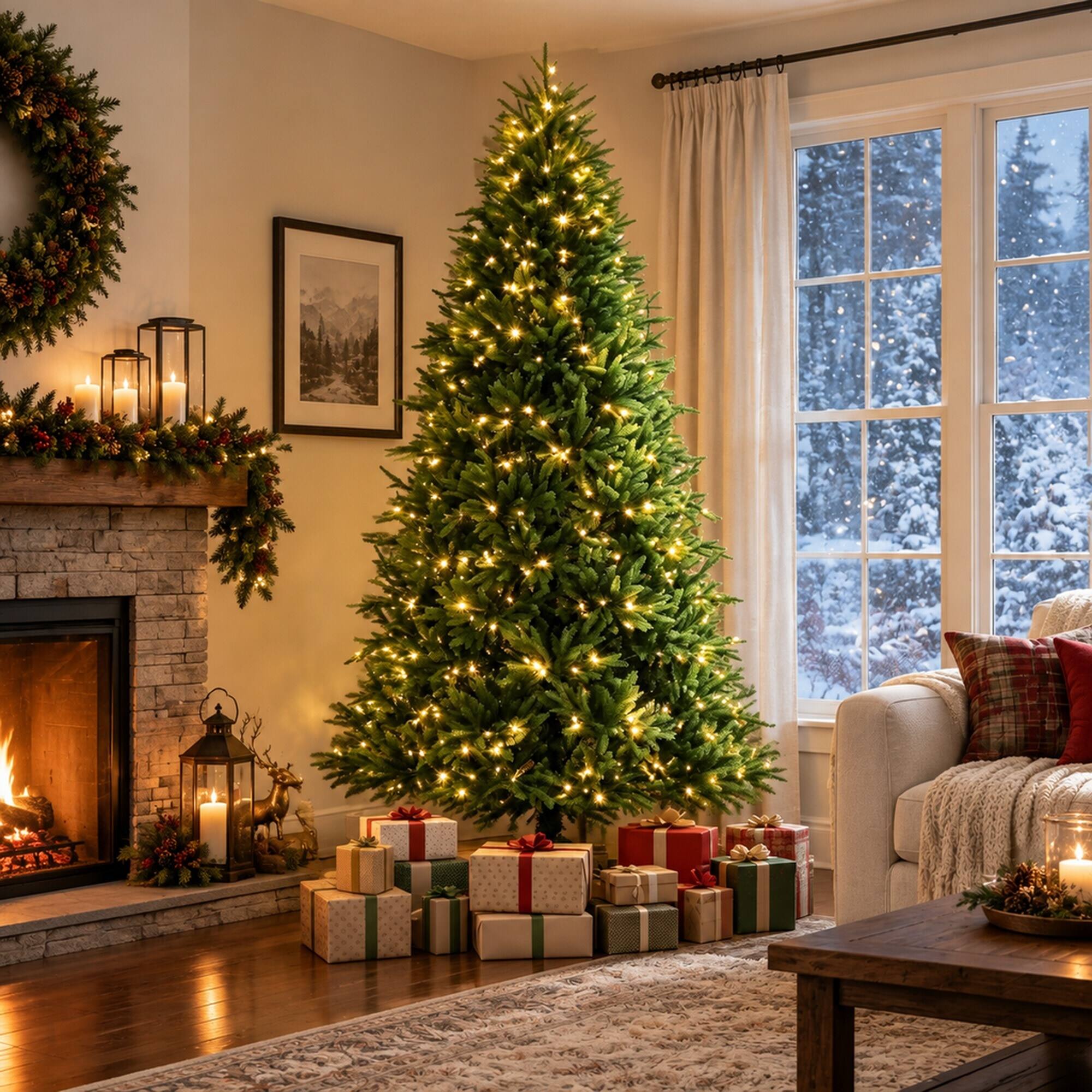 Left. RYHNUYNE - 7.5FT Pre-Lit Nordmann Fir Christmas Tree With Dual-Color LED Lights and 11 Modes, Remote Control and Lifelike Tips - Green.
