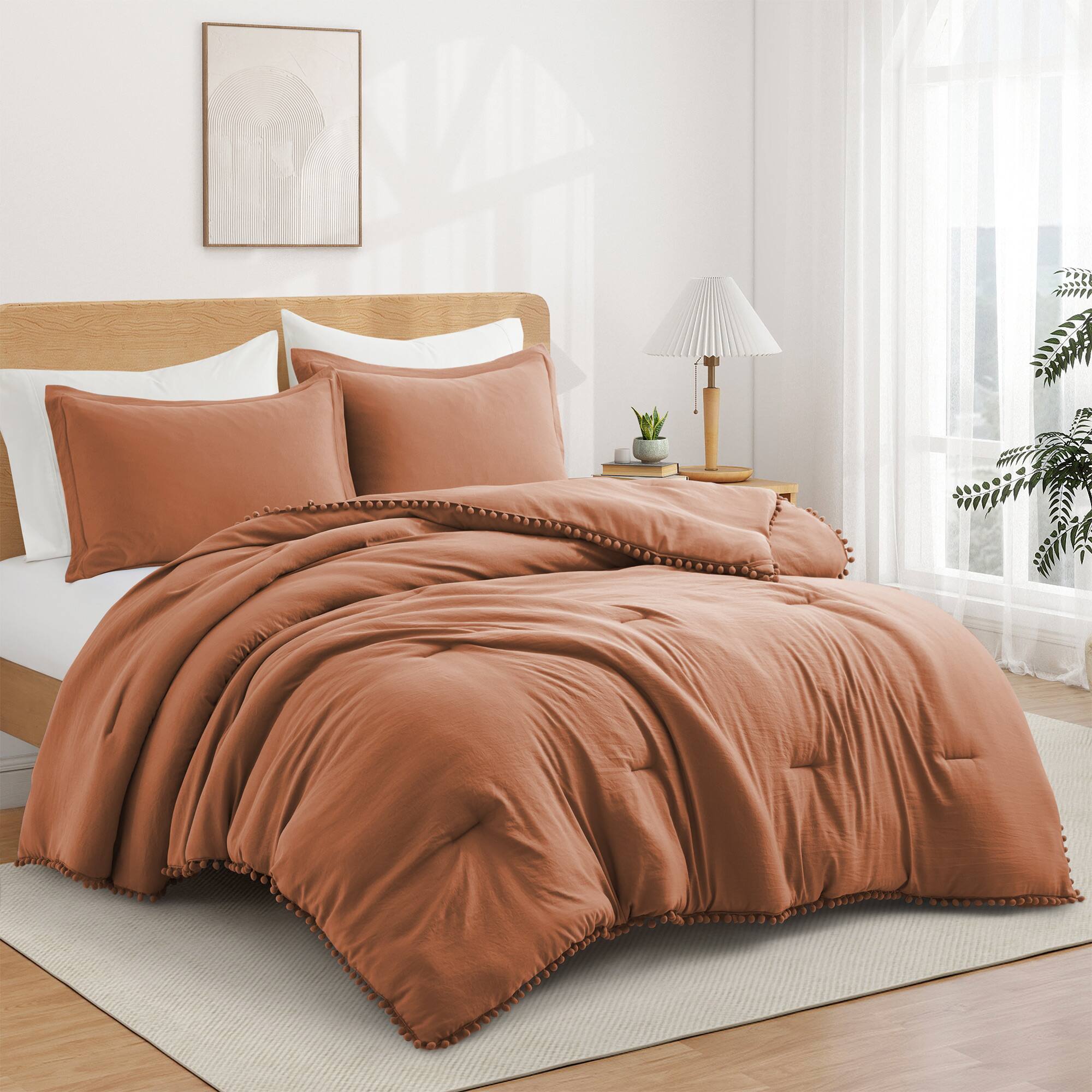 Peace Nest - 3 Piece Pom Pom Comforter Set - Caramel