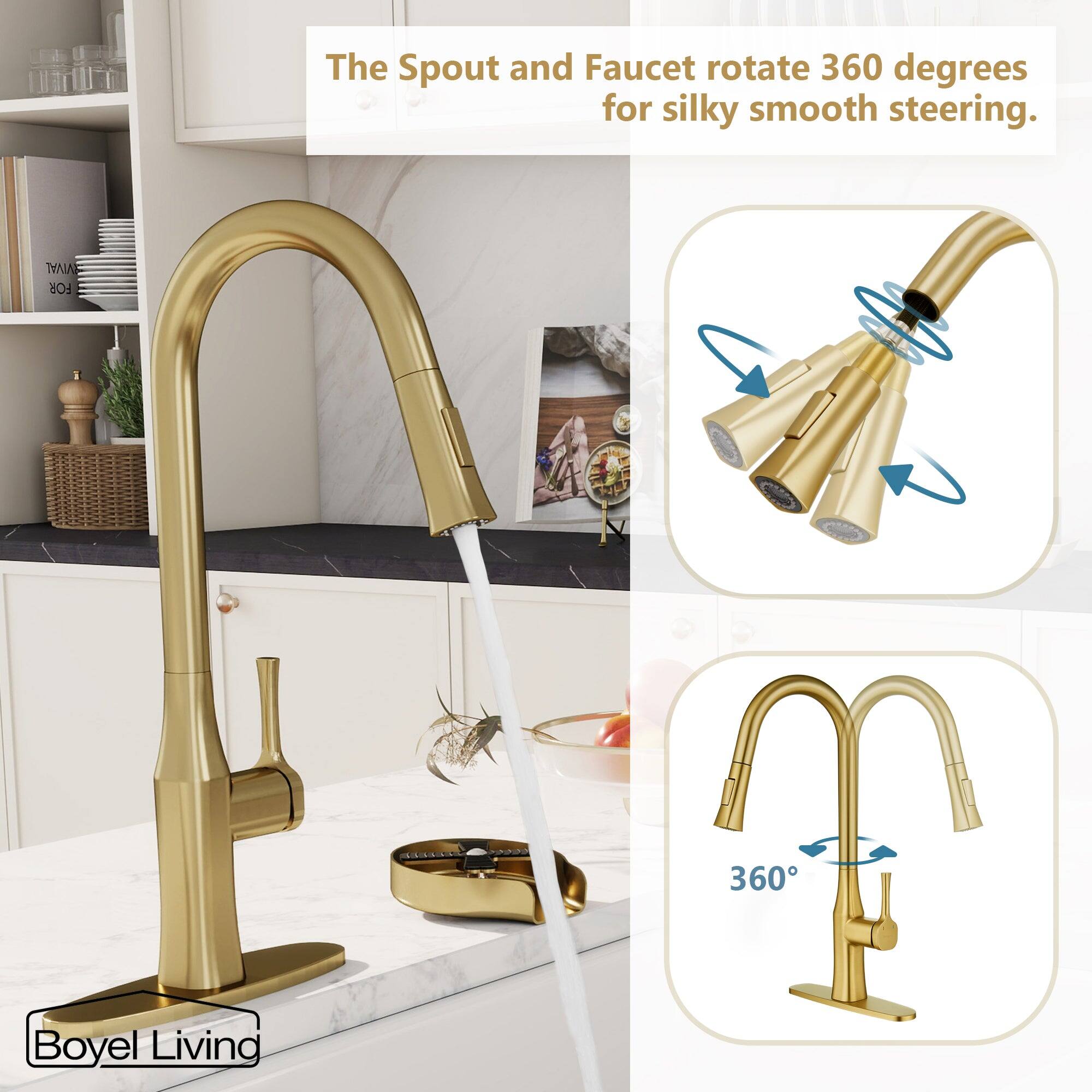 The Spout and Faucet rotate 360 degrees for silky smooth steering. Boyel Living
