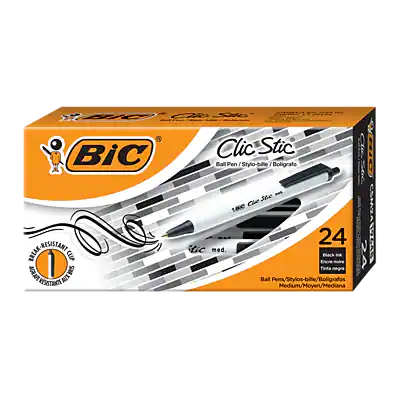 BIC
Clic Stic
Ball Pen / Stylo bille / Bolígrafo
24 Black Ink / Tinta Negra
Ball Pen / Stylo bille / Bolígrafo
Medium / Moyen / Mediana
Water Resistant / Resistant à l'eau / Resistente al agua
C5M24171