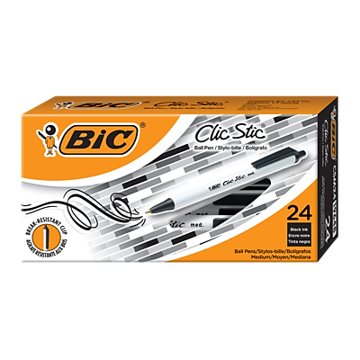 BIC  
Clic Stic  
Ball Pen / Stylo bille / Bolígrafo  
24 Black Ink / Tinta Negra  
Ball Pen / Stylo bille / Bolígrafo  
Medium / Moyen / Mediana  
Water Resistant / Resistant à l'eau / Resistente al agua  
C5M24171