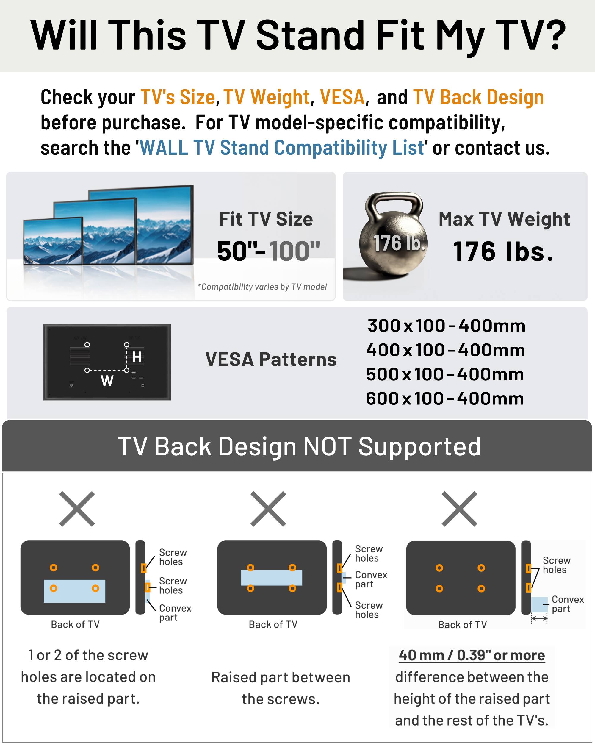 Will This TV Stand Fit My TV?

Check your TV's Size, TV Weight, VESA, and TV Back Design before purchase. For TV model-specific compatibility, search the 'WALL TV Stand Compatibility List' or contact us.

Fit TV Size: 50" - 100"
Max TV Weight: 176 lbs.
*Compatibility varies by TV model

VESA Patterns:
- 300 x 100 - 400mm
- 400 x 100 - 400mm
- 500 x 100 - 400mm
- 600 x 100 - 400mm

TV Back Design NOT Supported

1 or 2 of the screw holes are located on the raised part.
Raised part between the screws.
40 mm / 0.39" or more difference between the height of the raised part and the rest of the TV's.