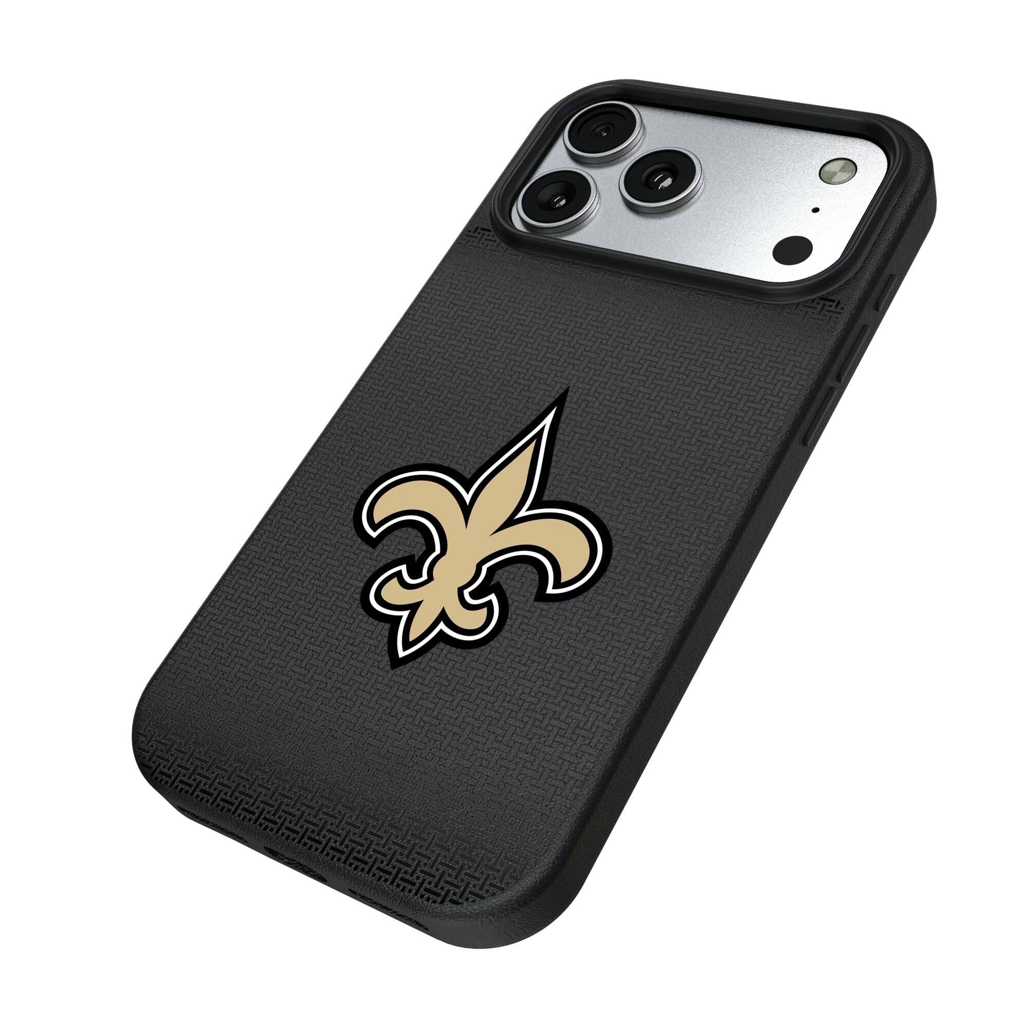 Alt View 1. Keyscaper - New Orleans Saints Linen Logo iPhone Magnetic Bump Case - 15 Pro Max - Black.