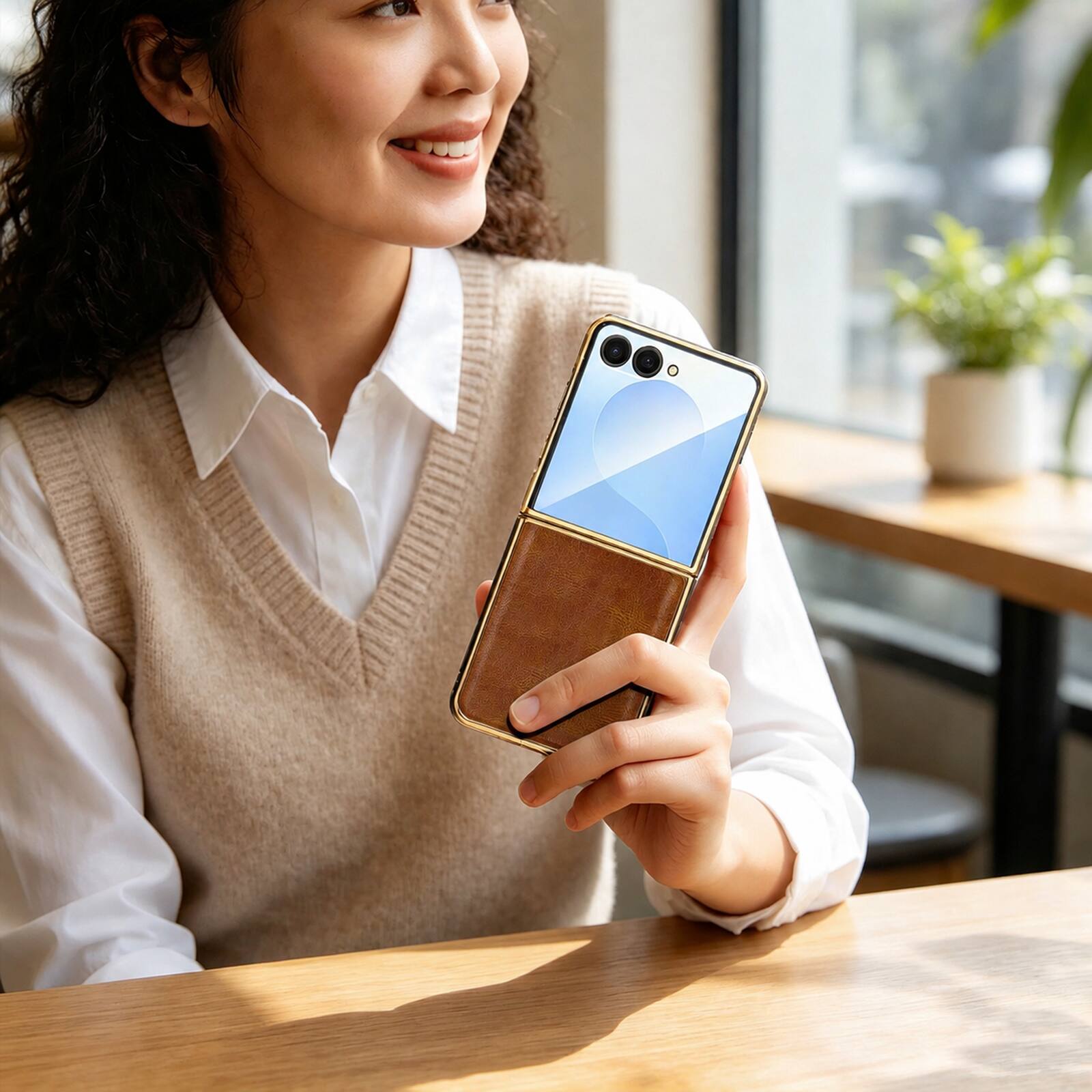 Alt View 3. Dteck - For Samsung Galaxy Z Flip8 Luxury Leather Case with Screen Protector Included,Shockproof Plating Edge Slim Cover - Brown.