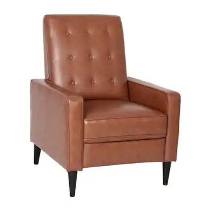 Front. Emma + Oliver - Jules Mid-Century Modern Button Tufted Upholstered Easy Pushback Recliner with Wooden Legs - Cognac Brown.