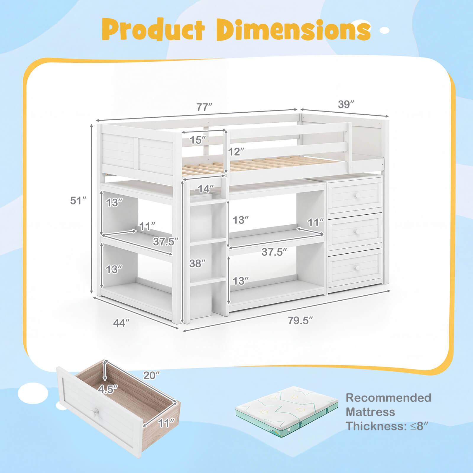 Product Dimensions: 77" x 39" x 15" x 12" x 51" x 13" x 13" x 14" x 11" x 37.5" x 38" x 13" x 13" x 37.5" x 11" x 44" x 79.5" x 4.5" x 20" x 11"

Recommended Mattress Thickness: <8"
