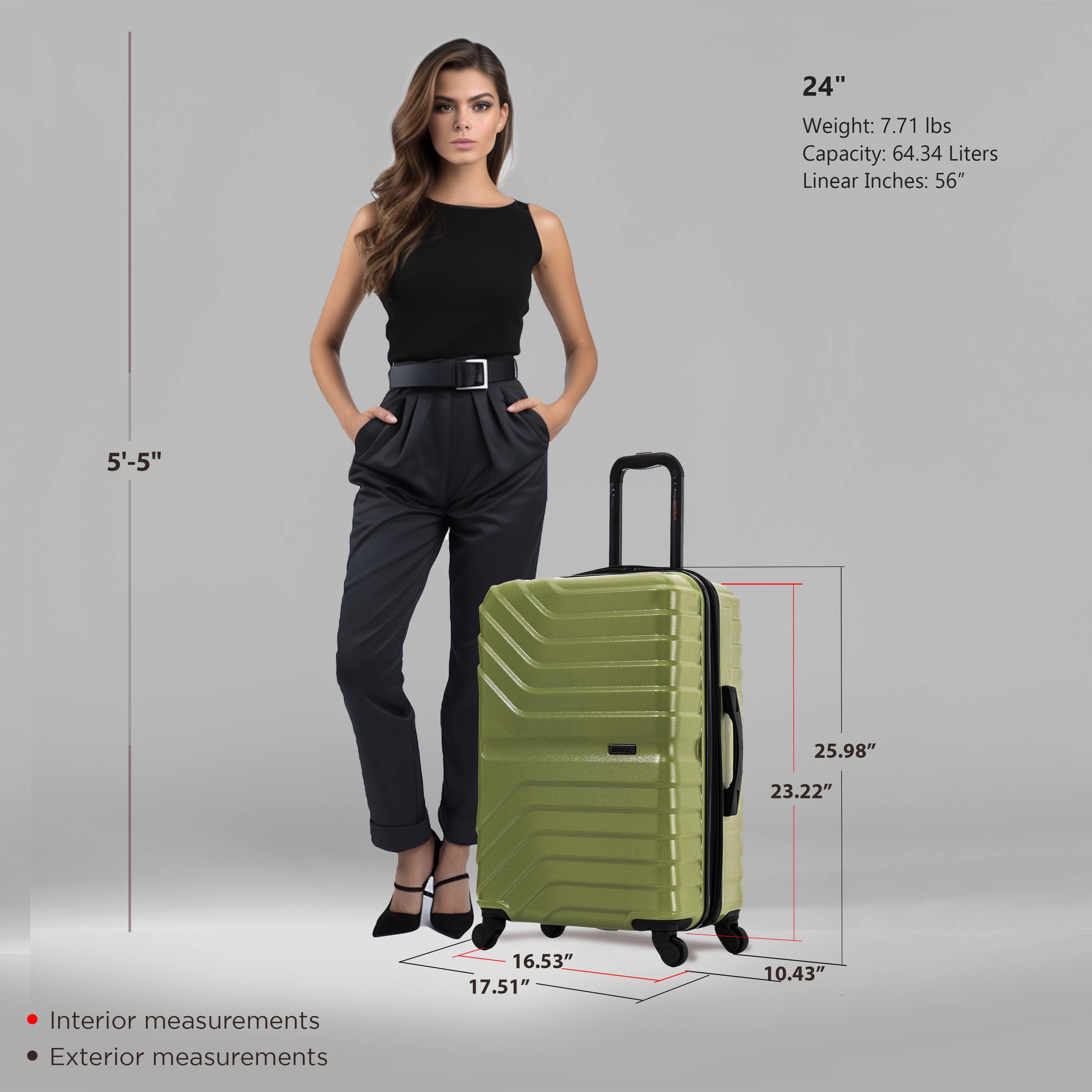- **Height:** 24"
- **Weight:** 7.71 lbs
- **Capacity:** 64.34 Liters
- **Linear Inches:** 56"

**Interior Measurements:**
- **Height:** 16.53"
- **Width:** 17.51"
- **Depth:** 10.43"

**Exterior Measurements:**
- **Height:** 25.98"
- **Width:** 23.22"

**Reference Height:** 5'-5"