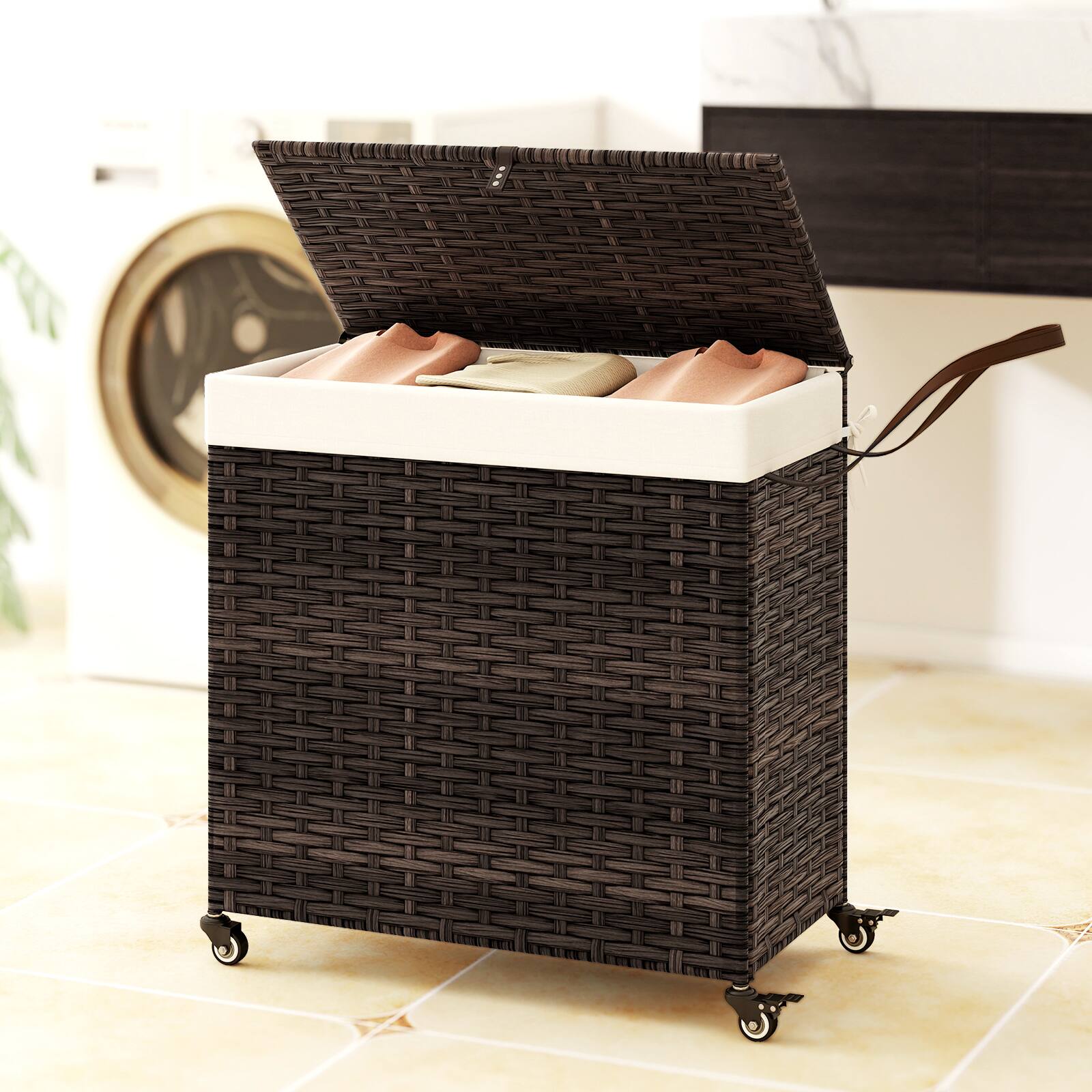 Alt View 1. Gymax - Gymax Laundry Hamper w/Wheels & Lid 125L 3-Section Clothes Hamper w/2 Liner Bags Brown - Brown.