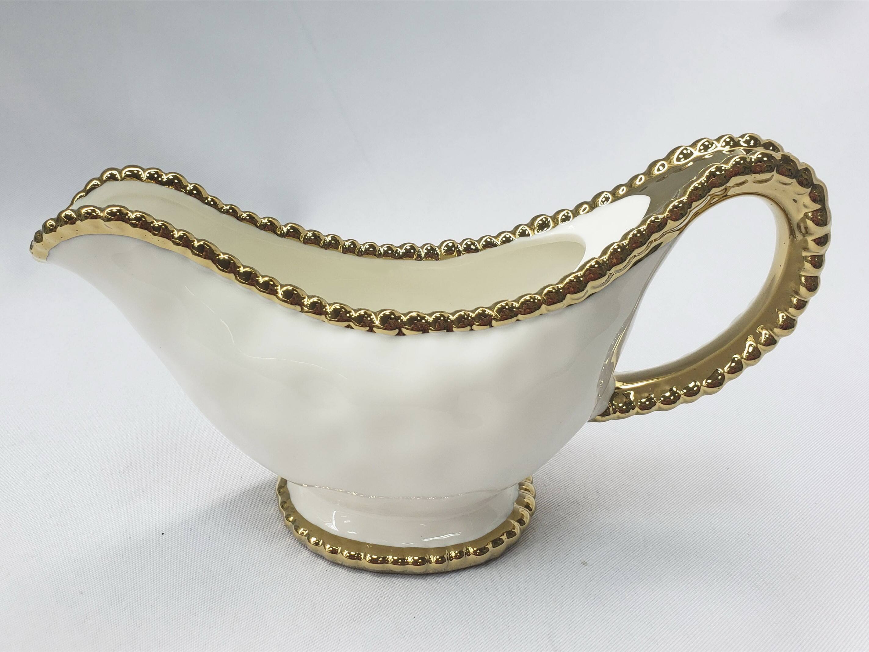 Front. Jiallo - 9" Contemporary Gold Bead Gravy Bowl – Modern Serving Bowl with Beaded Rim - White.