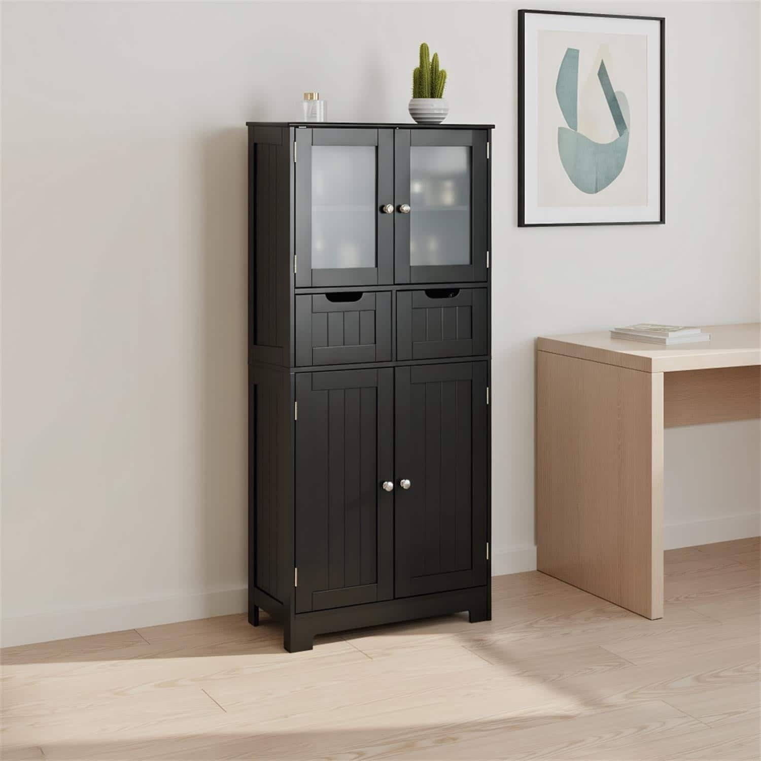 Pefilos - 4 Door Freestanding Bathroom Cabinet, 2 Drawers Glass Doors, Adjustable Shelves - Black