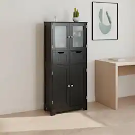 Pefilos - 4 Door Freestanding Bathroom Cabinet, 2 Drawers Glass Doors, Adjustable Shelves - Black