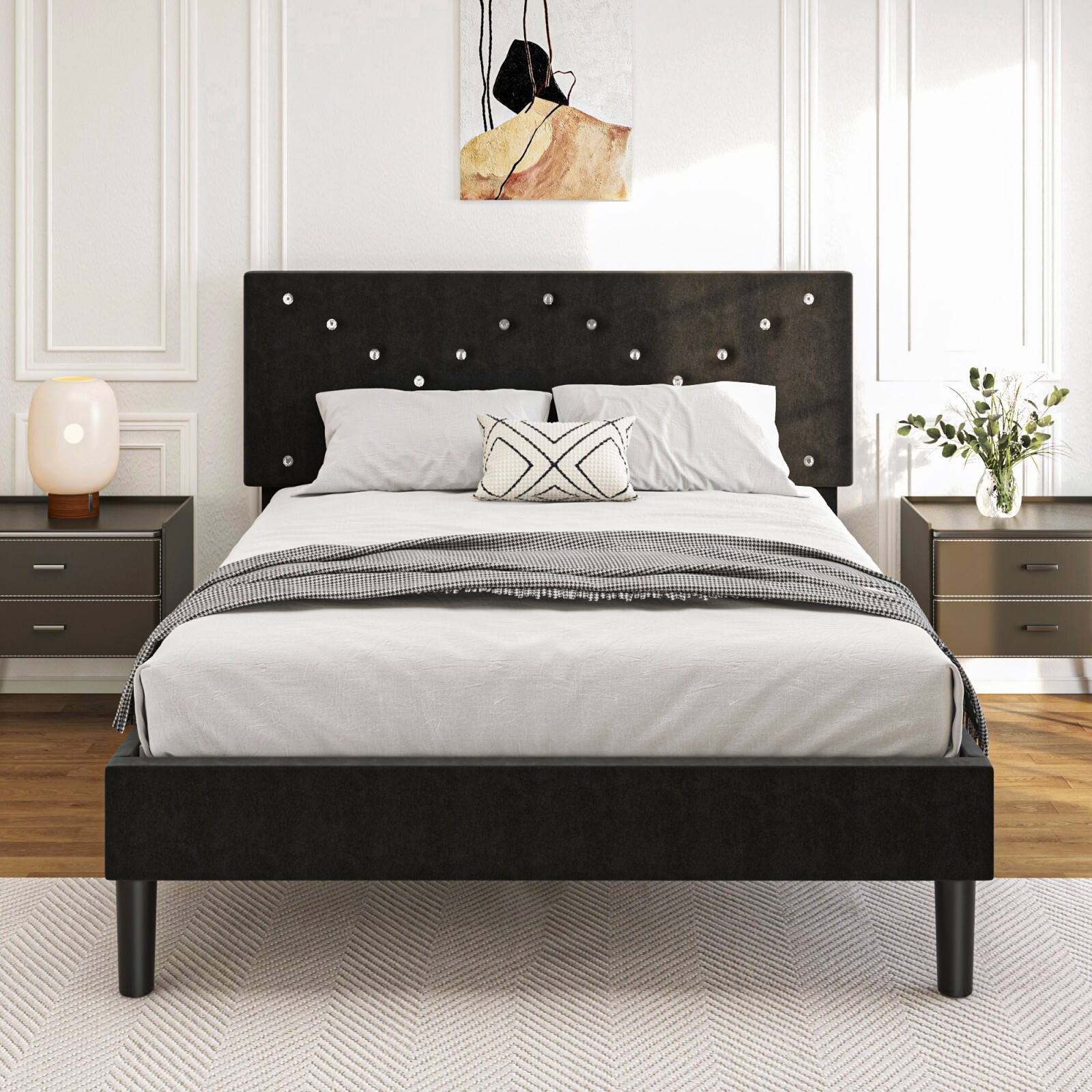 Alt View 1. Ecooso - Full Size Modern Platform Bed Frame with Upholstered Headboard & Wooden Slats - No Box Spring Needed, Easy Assembly - Black.