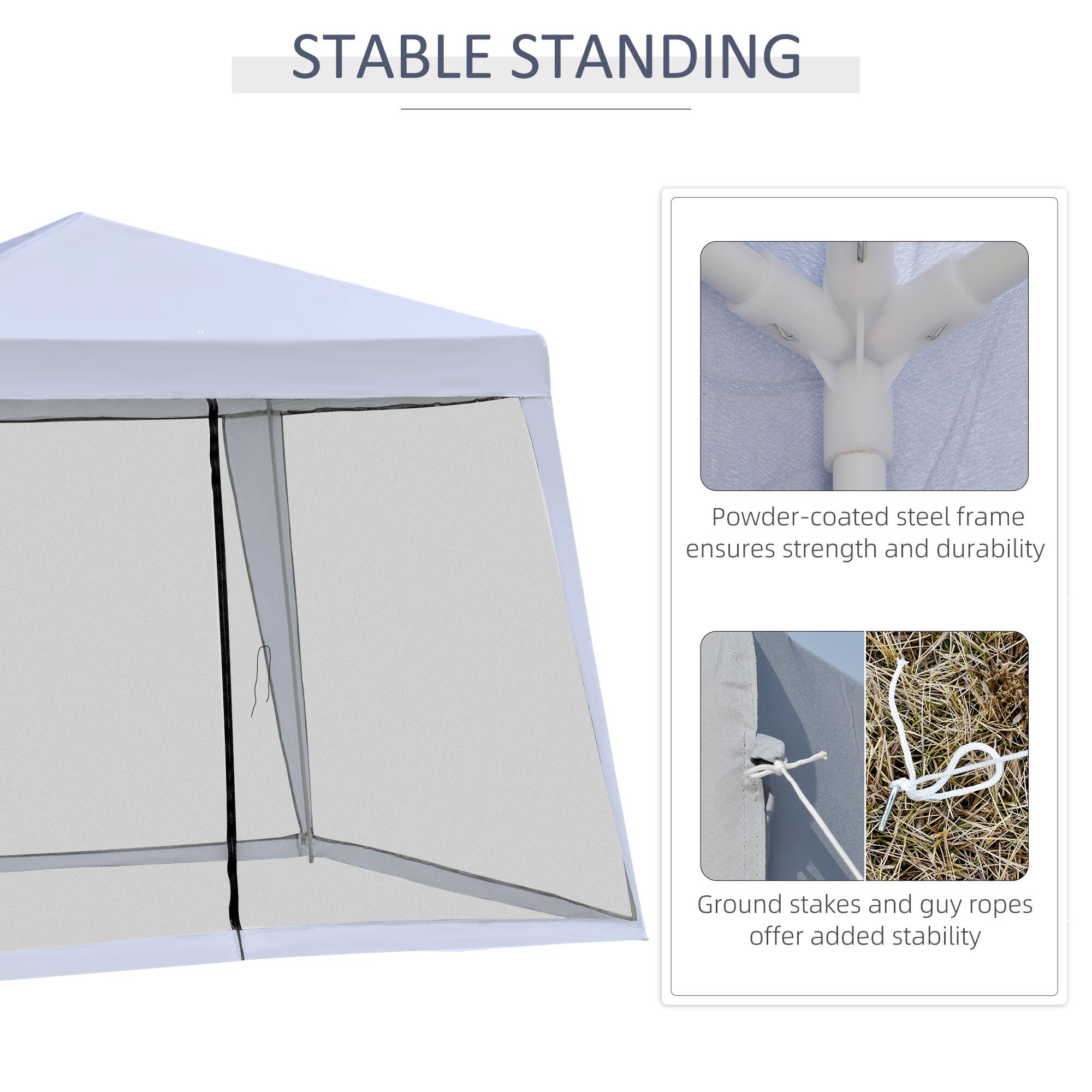 STABLE STANDING

Powder-coated steel frame ensures strength and durability

Ground stakes and guy ropes offer added stability