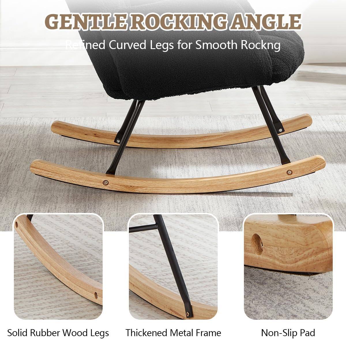 GENTLE ROCKING ANGLE  
Refined Curved Legs for Smooth Rocking  

- Solid Rubber Wood Legs  
- Thickened Metal Frame  
- Non-Slip Pad
