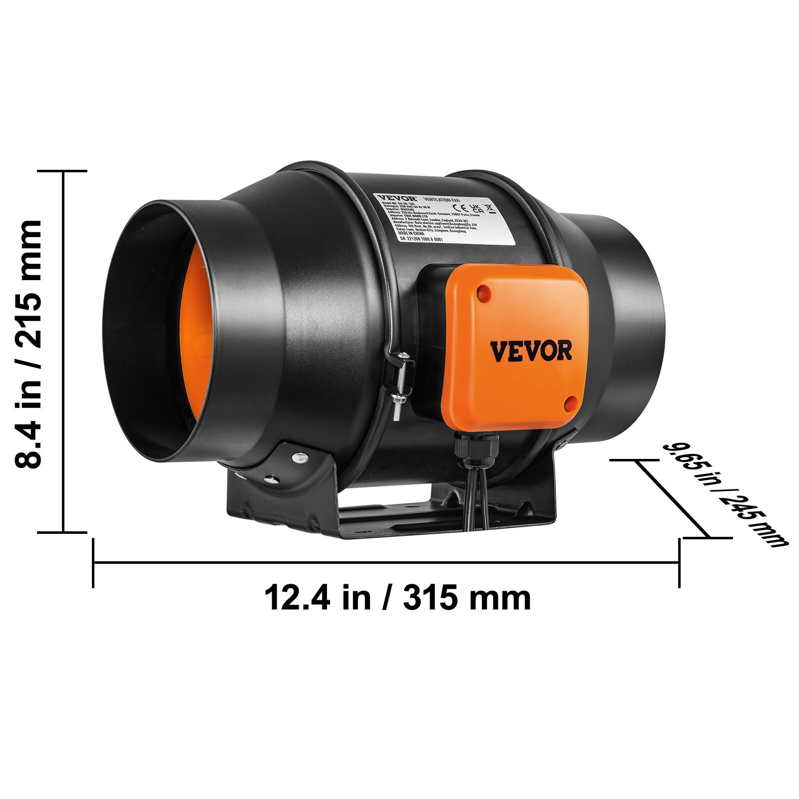 8.4 in / 215 mm  
12.4 in / 315 mm  
9.65 in / 245 mm