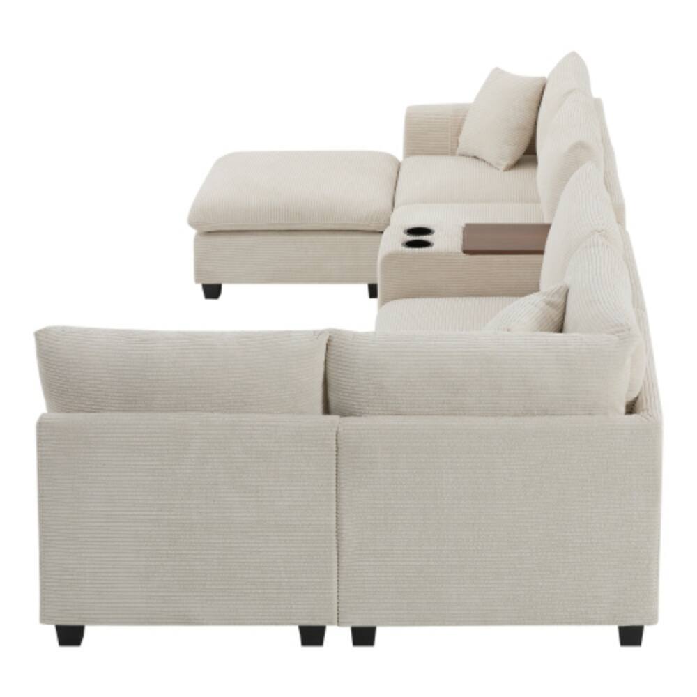 Alt View 7. LUCKY ONE - 140" Oversized U-Shaped 6-Seat Modular Corduroy Sectional Sofa w/ Storage Ottoman & Console - Beige.