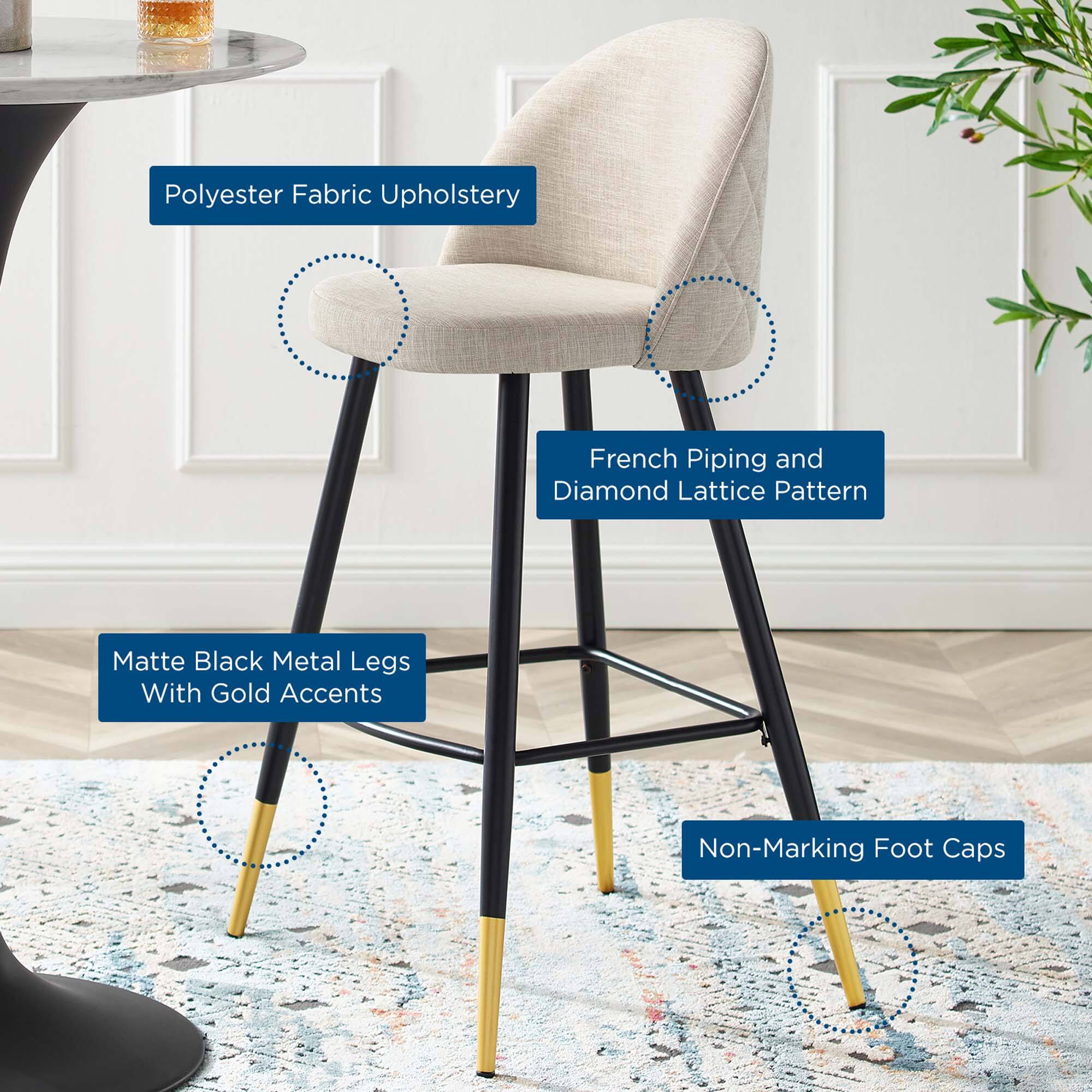 Polyester Fabric Upholstery  
French Piping and Diamond Lattice Pattern  
Matte Black Metal Legs With Gold Accents  
Non-Marking Foot Caps