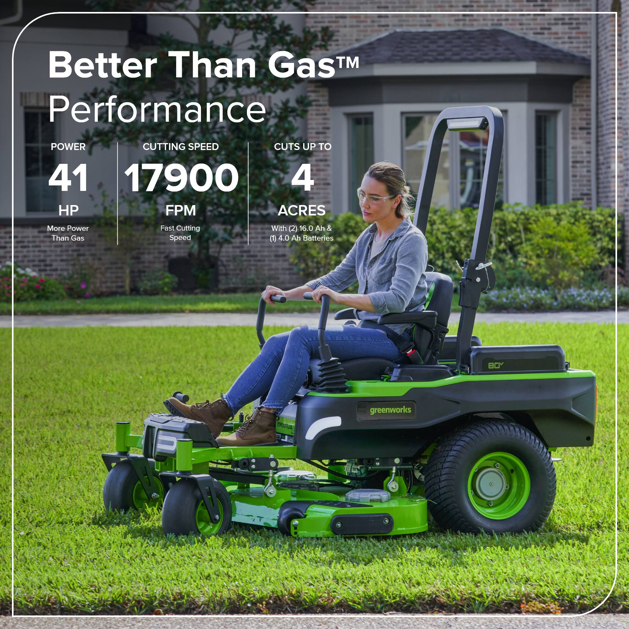 Better Than Gas™ Performance  
POWER 41 HP  
CUTTING SPEED 17900 FPM  
CUTS UP TO 4 ACRES  
More Power Than Gas  
Fast Cutting Speed  
With (2) 16.0 Ah & (1) 4.0 Ah Batteries  
BOY greenworks