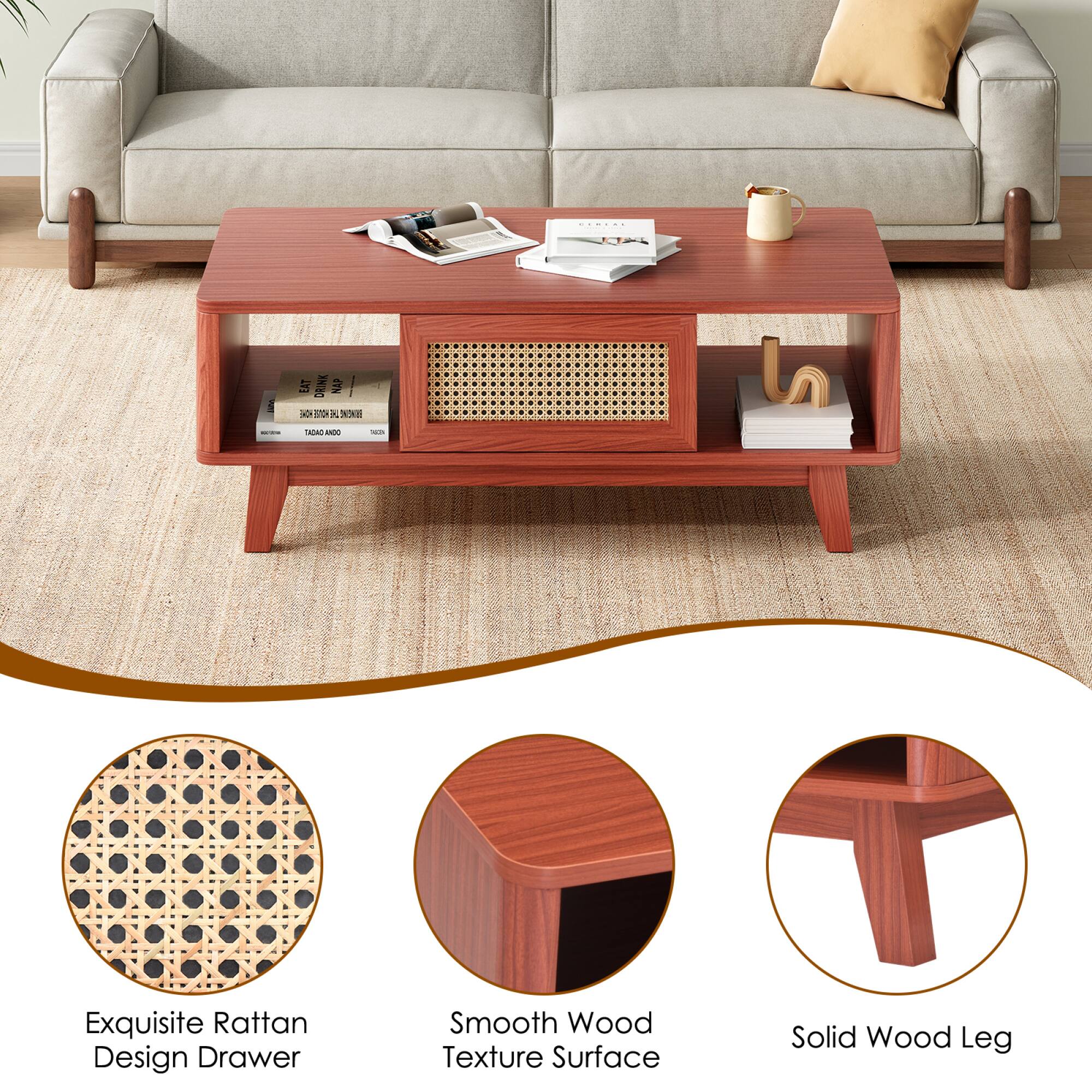 - Exquisite Rattan Design Drawer
- Smooth Wood Texture Surface
- Solid Wood Leg