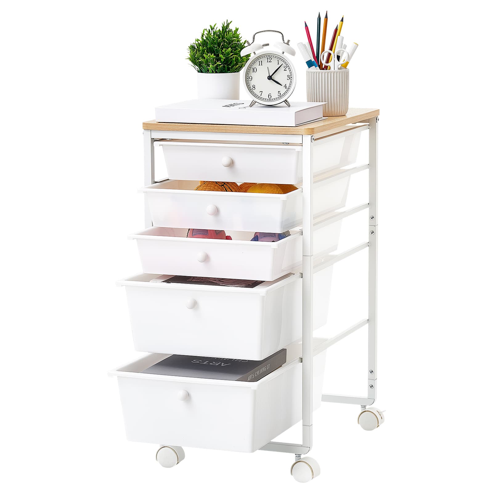 VEVOR - Rolling Cart with Drawers, 5 Drawer Storage Organizer, Mobile Utility Cart with Wood Top, Steel Frame, Universal Casters - White price history on PriceWatchPro