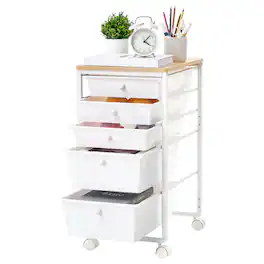 VEVOR - Rolling Cart with Drawers, 5 Drawer Storage Organizer, Mobile Utility Cart with Wood Top, Steel Frame, Universal Casters - White