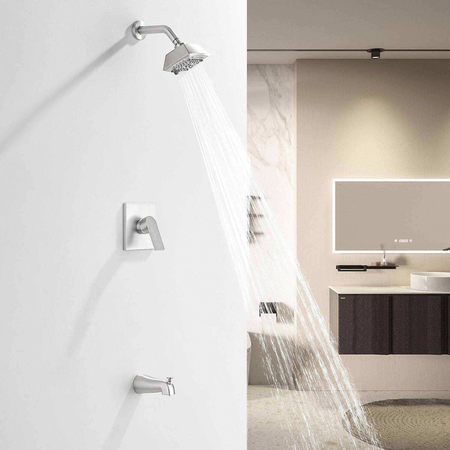 Alt View 3. Boyel Living - Brushed Brass Shower Faucet Set 5-Function ABS Top Spray Pressure Balance Valve Large Flow Lift-Up Spout 1/2NPT Thread - Brushed Nickel.