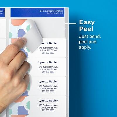 Easy Peel  
Just bend, peel and apply.

Lynette Napier  
678 Zuckercorn Ave.  
St. Paul, MN 55103  
991 883 8883

Go to avery.com/templates