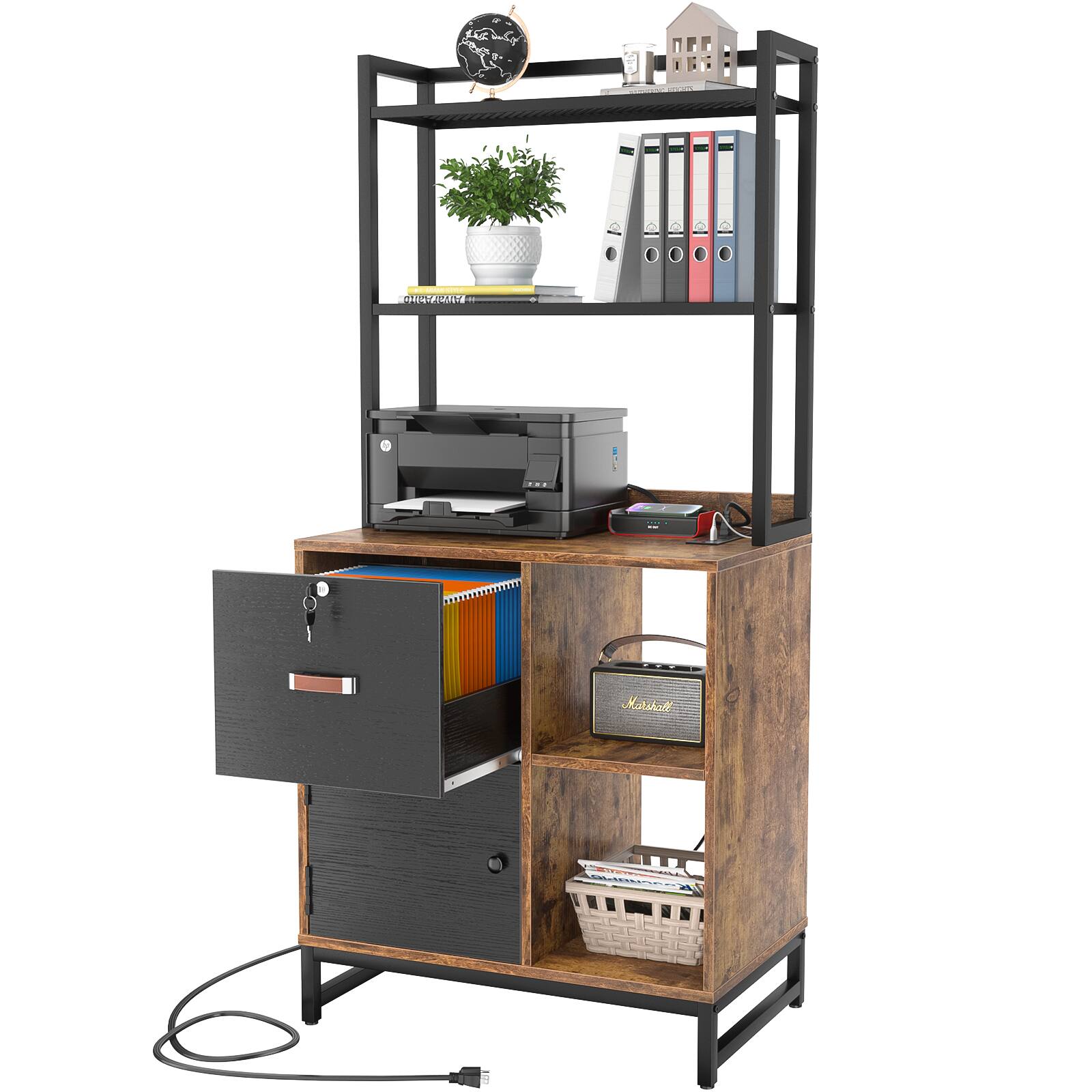 Left. Aheaplus - Vertical Filing Cabinet / Lock, Charging Station, Large Drawer, Bookshelf & Printer Stand for Home Office (Letter Size) - Black and Rustic.