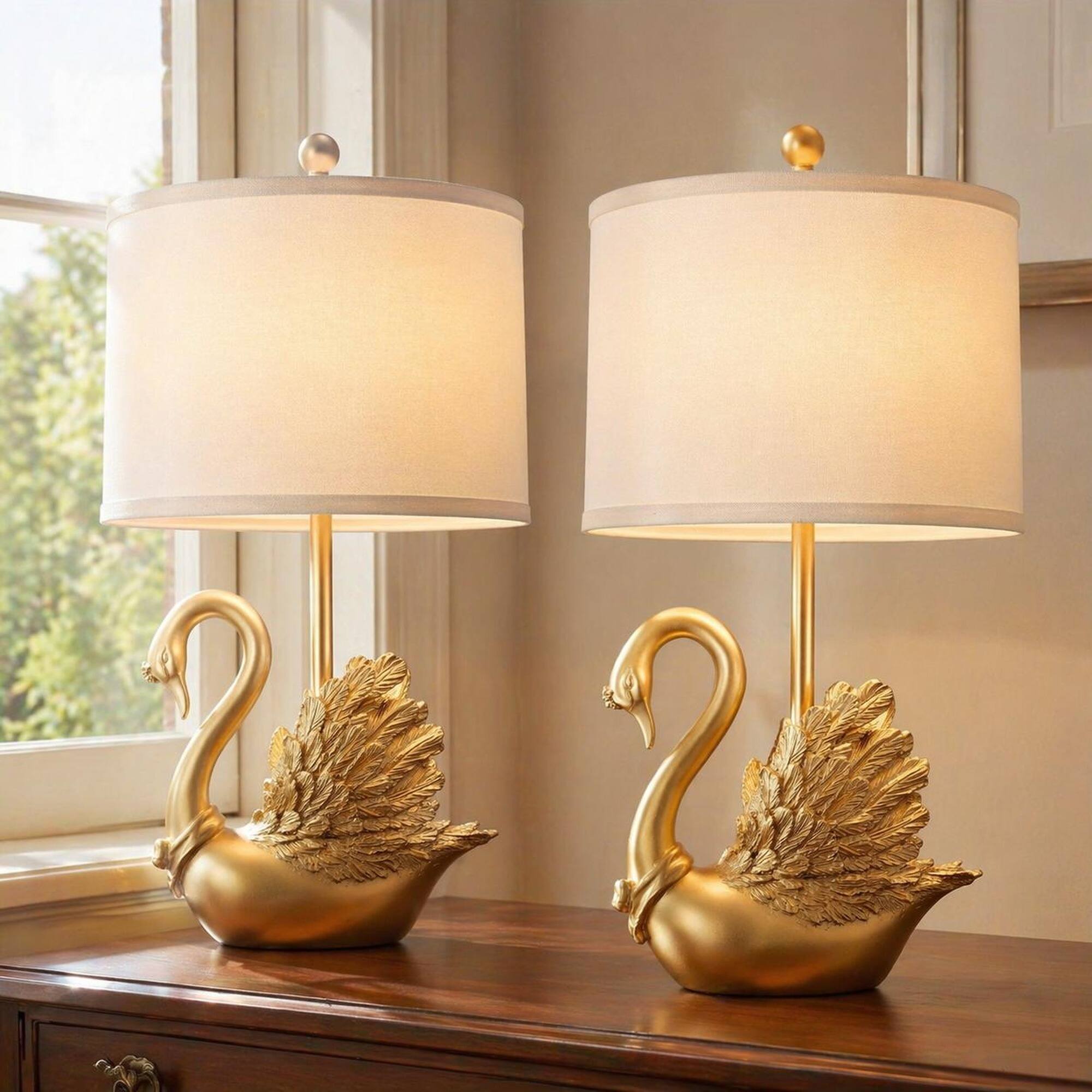 Back. RYHNUYNE - Pair of Golden Brass Swan Table Lamps with LED Bulbs – Modern Elegant Nightstand Lights for Bedroom, Living Room - Golden.