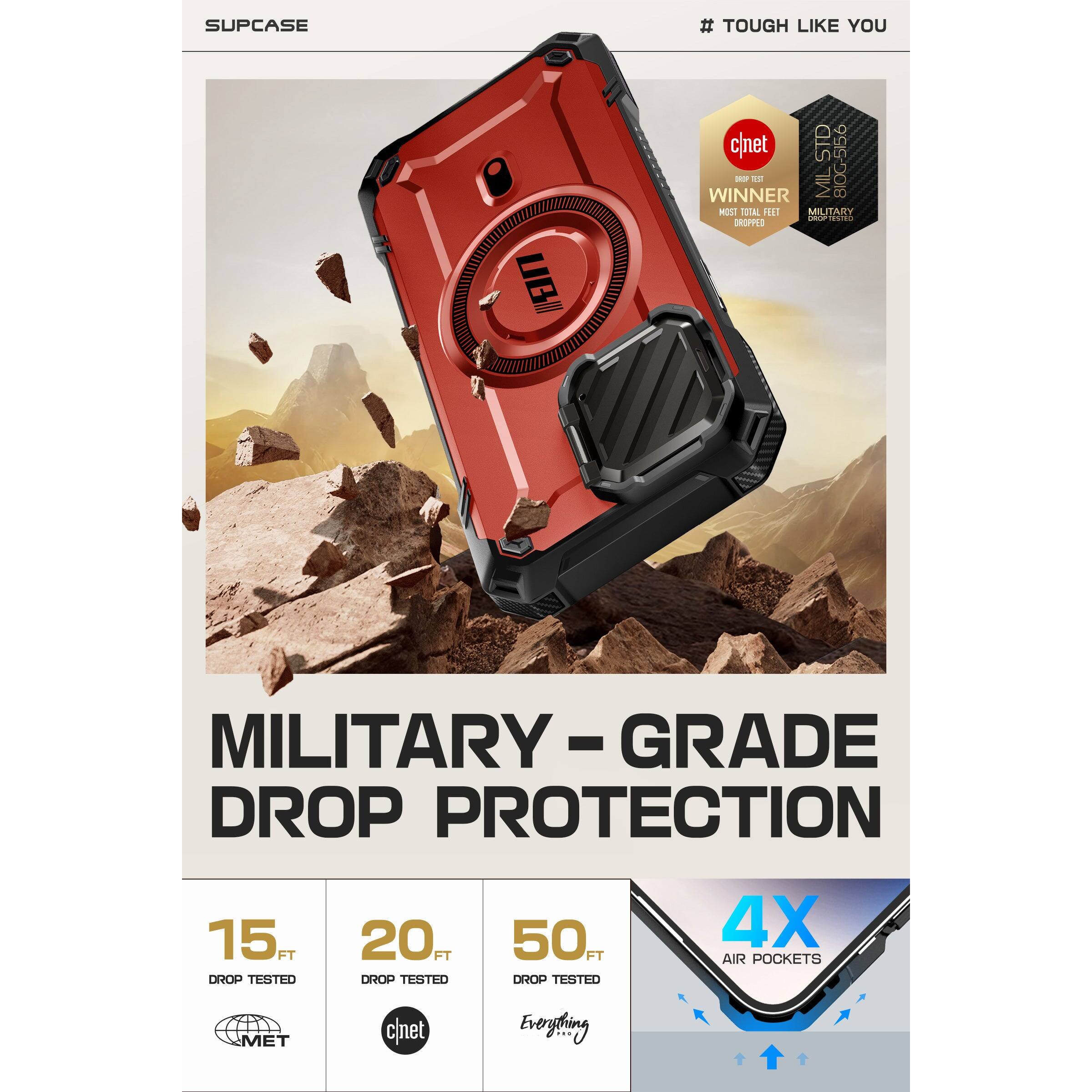 SUPCASE

# TOUGH LIKE YOU

MILITARY - GRADE DROP PROTECTION

15 FT DROP TESTED
20 FT DROP TESTED
50 FT DROP TESTED

4X AIR POCKETS

cnet WINNER
MOST TOTAL FEET DROPPED

MILITARY GRADE

cnet
MIL-STD-810G

MET
Everything