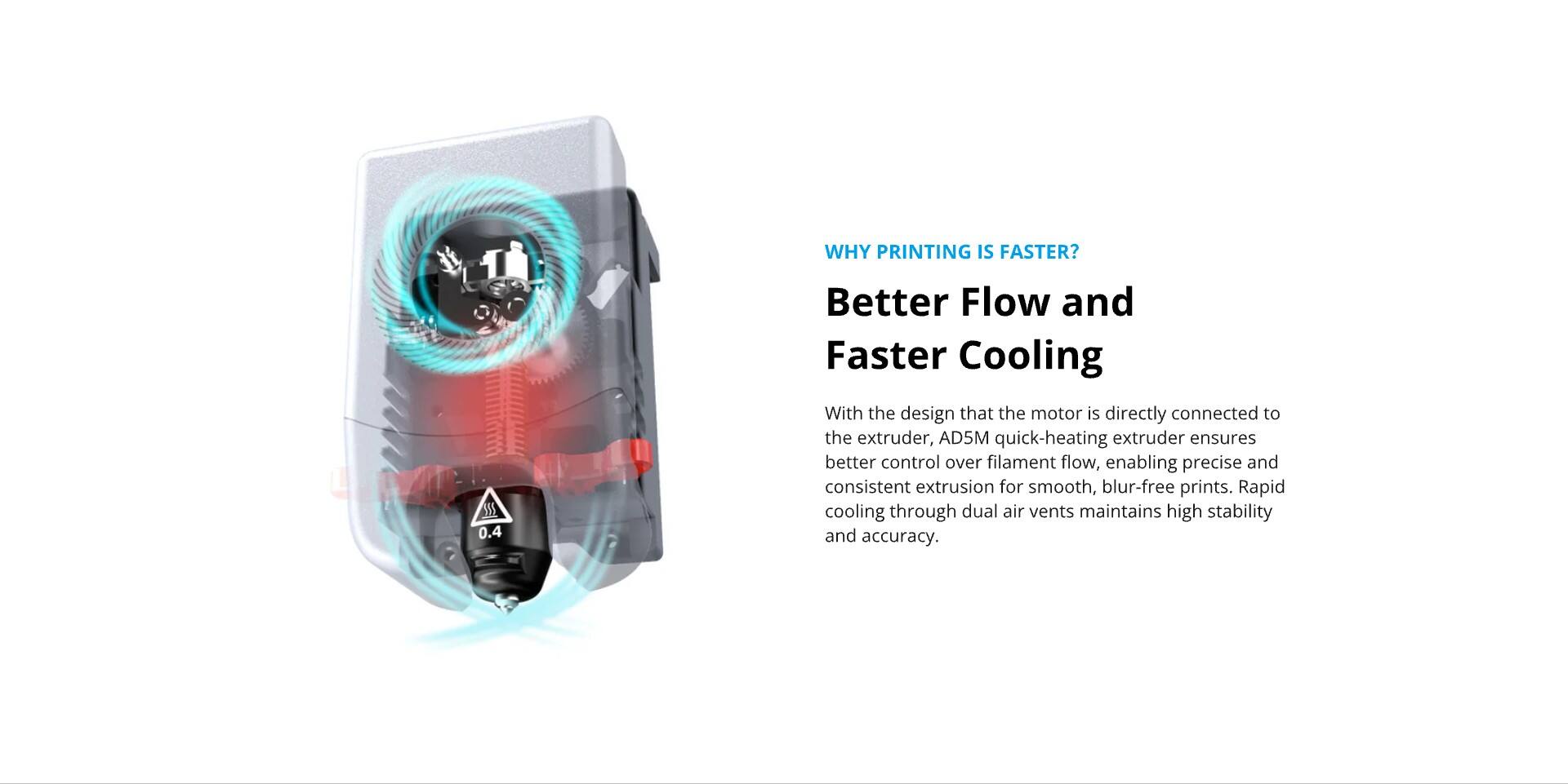 WHY PRINTING IS FASTER?

Better Flow and Faster Cooling

With the design that the motor is directly connected to the extruder, AD5M quick-heating extruder ensures better control over filament flow, enabling precise and consistent extrusion for smooth, blur-free prints. Rapid cooling through dual air vents maintains high stability and accuracy.