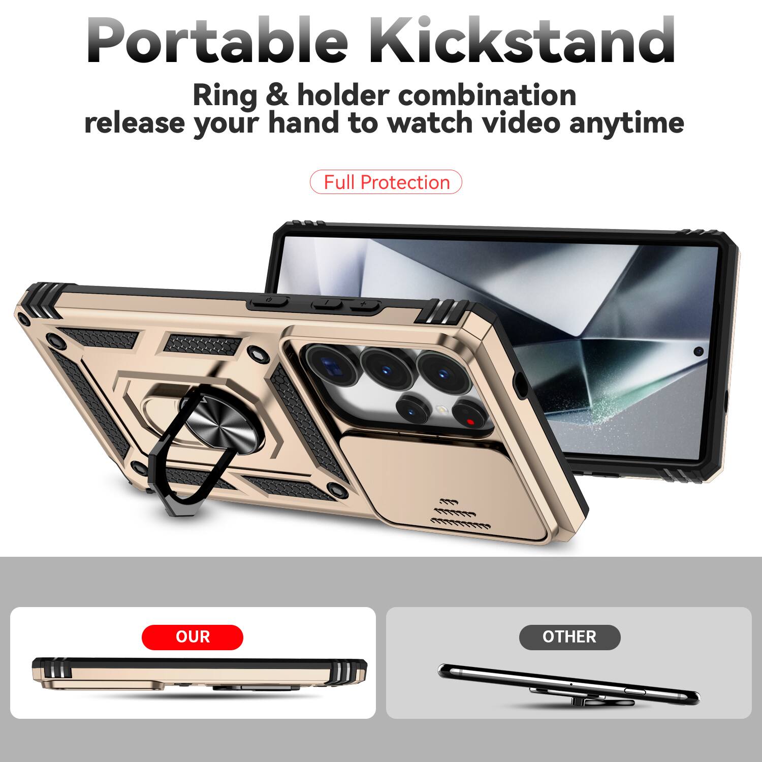 Portable Kickstand  
Ring & holder combination release your hand to watch video anytime  
Full Protection  

OUR  
OTHER