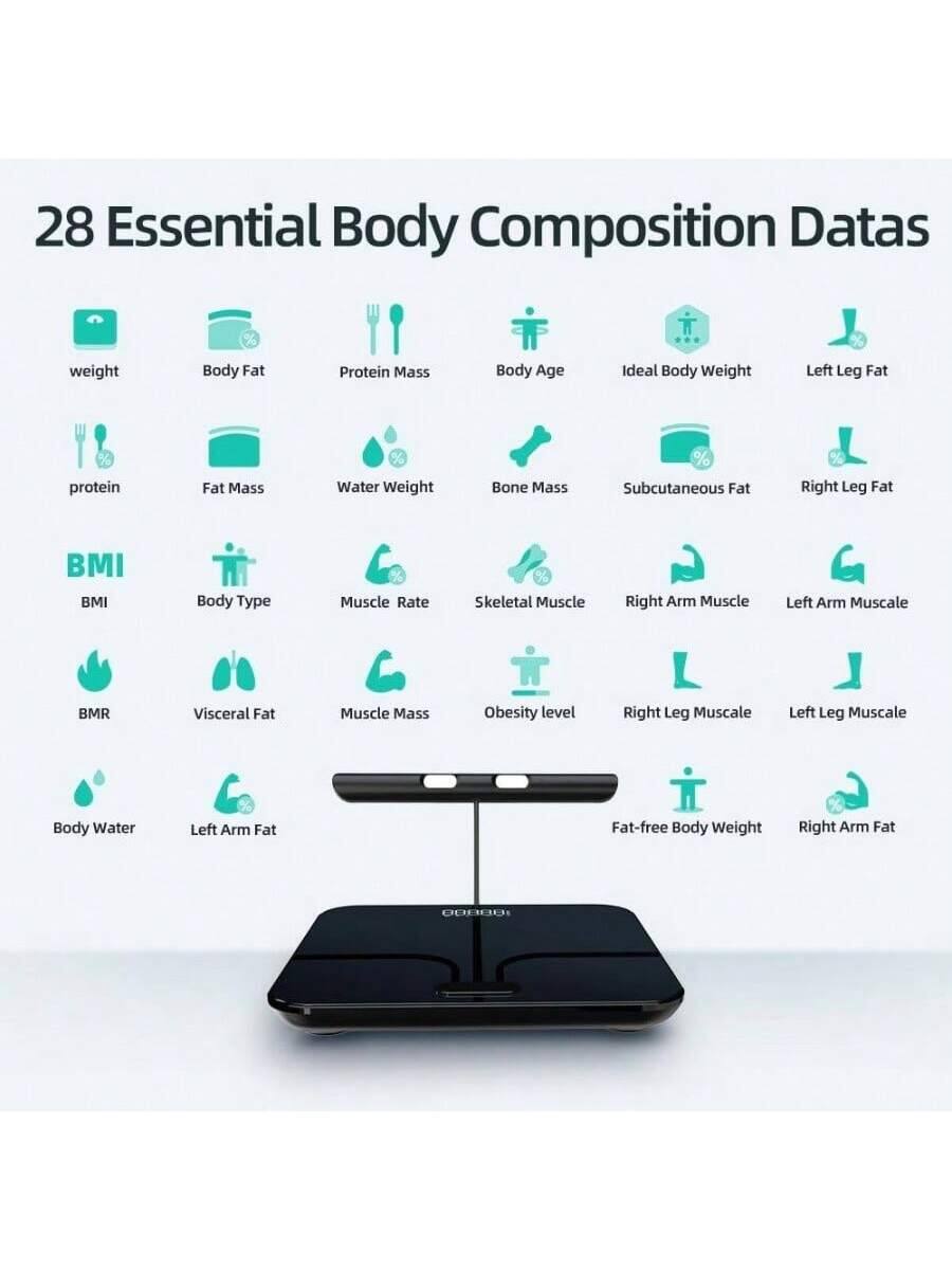 28 Essential Body Composition Data

- Weight
- Body Fat
- Protein Mass
- Body Age
- Ideal Body Weight
- Left Leg Fat
- Protein
- Fat Mass
- Water Weight
- Bone Mass
- Subcutaneous Fat
- Right Leg Fat
- BMI
- Body Type
- Muscle Rate
- Skeletal Muscle
- Right Arm Muscle
- Left Arm Muscle
- BMR
- Visceral Fat
- Muscle Mass
- Obesity Level
- Right Leg Muscle
- Left Leg Muscle
- Body Water
- Left Arm Fat
- Fat-free Body Weight
- Right Arm Fat