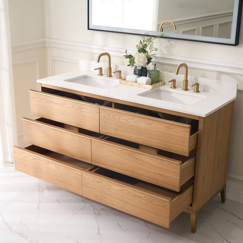 Left. WELLFOR - 60" Freestanding Solid Wood Bathroom Vanity with Carrara White Quartz Vanity Top & 6 Soft-Close Drawers and Backsplash - Oak.