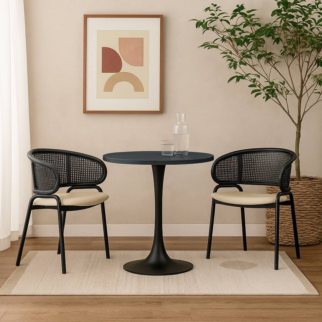 Angle. LeisureMod - Bristol Modern 36-Inch Round Pedestal Dining Table - Contemporary Wood Top Kitchen Table with Iron Base - MDF - Black.