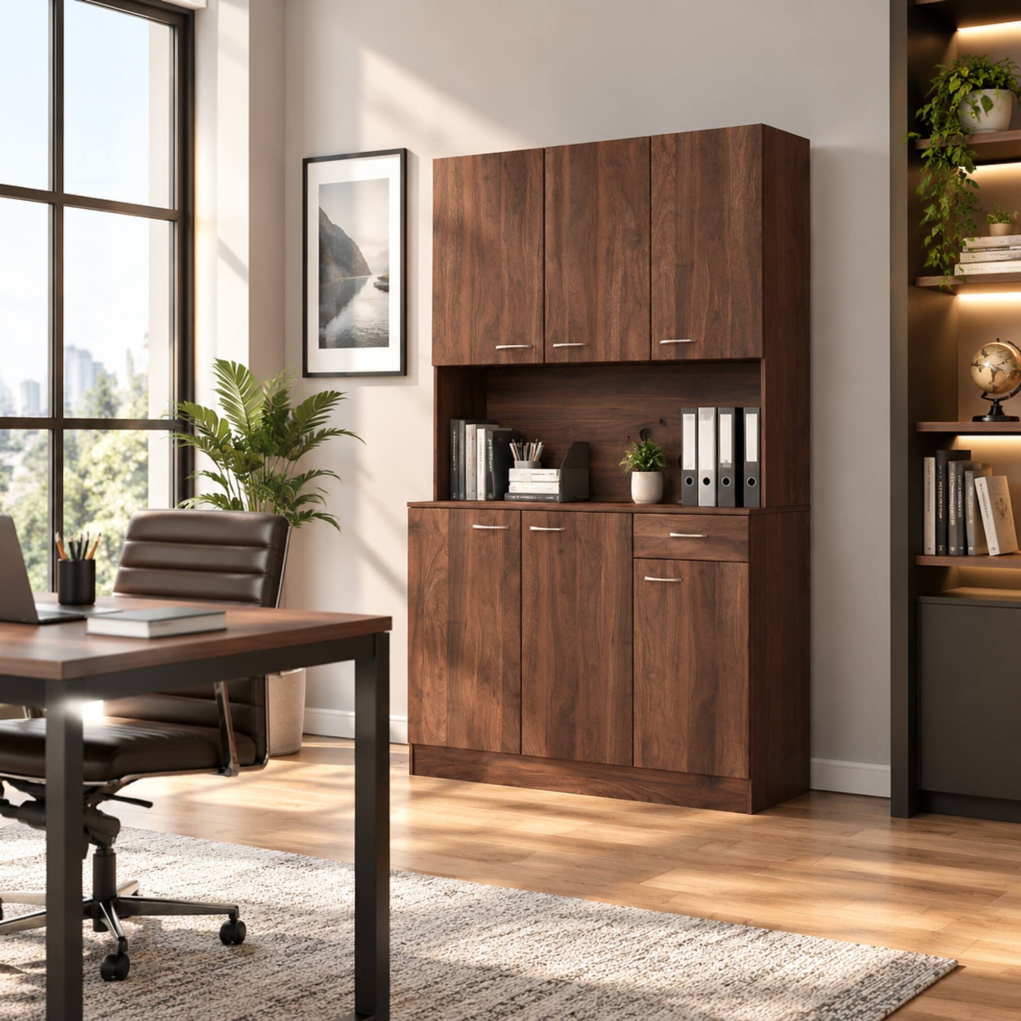 Left. RYHNUYNE - Freestanding 70.87 Inch Tall Wardrobe and Kitchen Cabinet with 6 Doors and 1 Drawer, Walnut - Walnut.