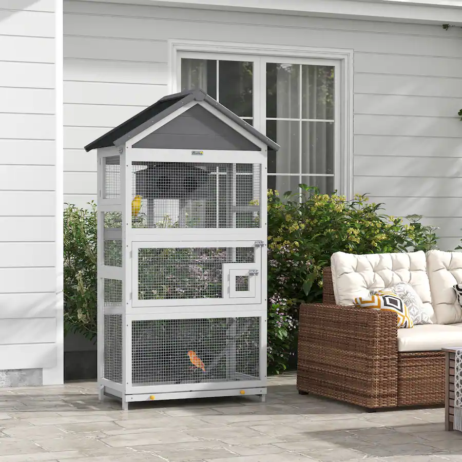 Pawhut Bird Aviary with Slide Out Tray, Birdhouse, Ladder, Perches for ...